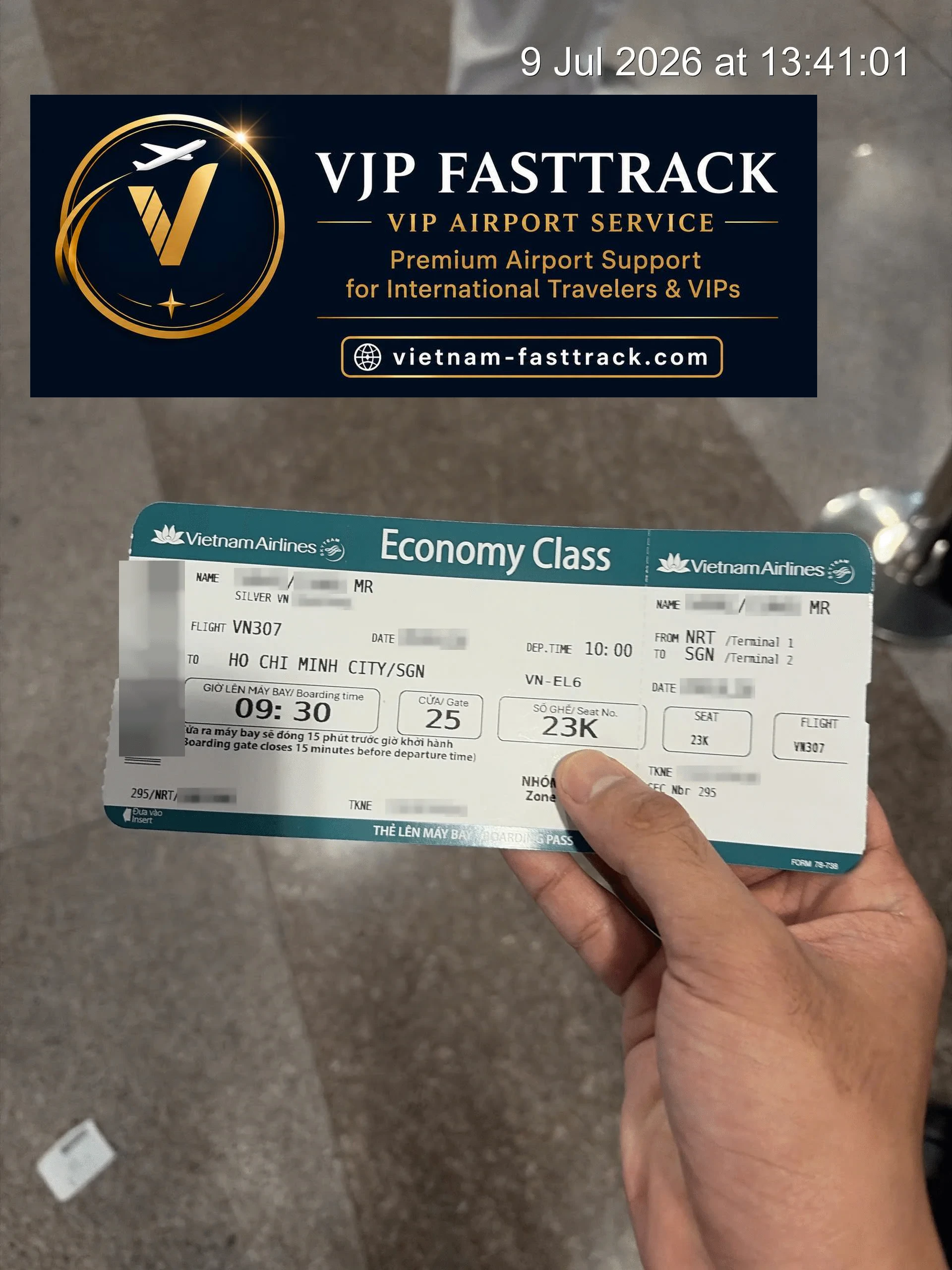 Passenger completing immigration after arriving on flight VN307 at Tan Son Nhat Airport